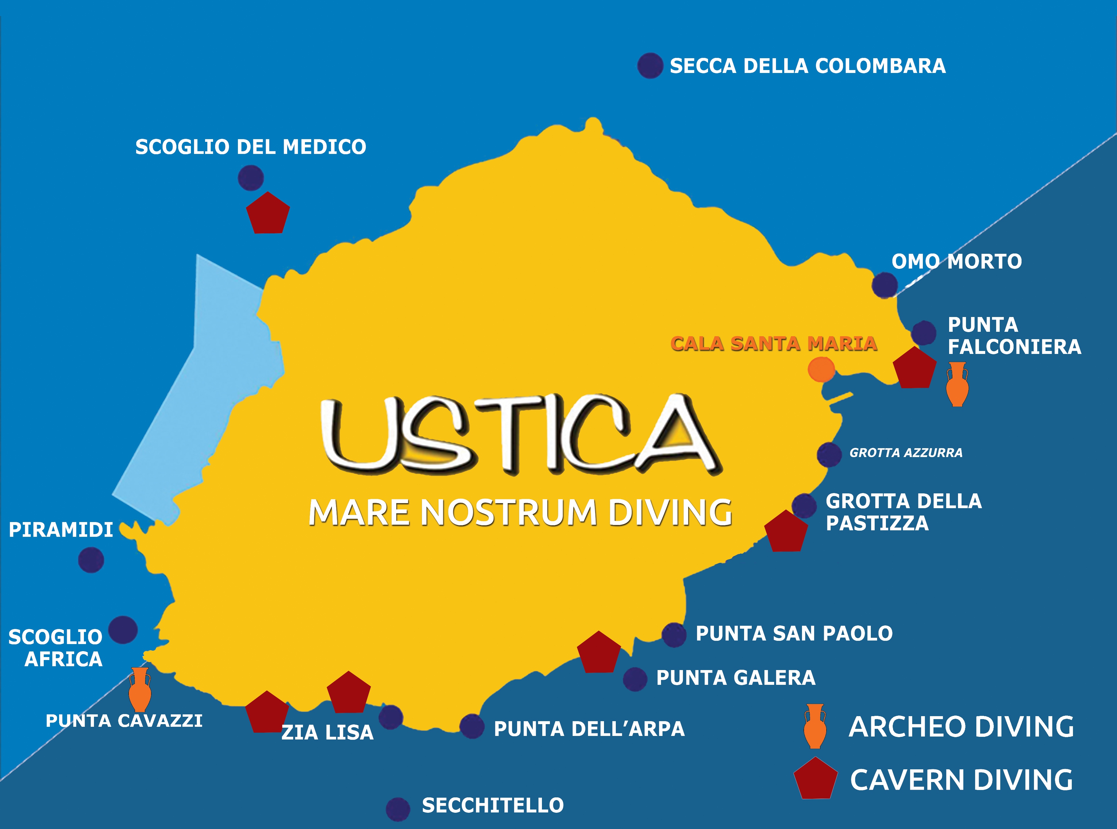 Map of the Dive Sites in the Marine Protected Area of Ustica Island